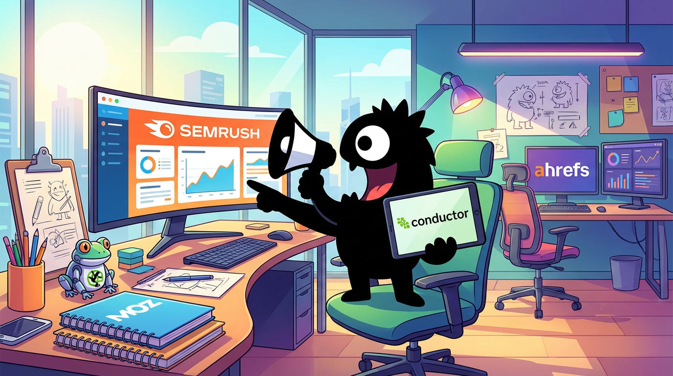 AdTools Monster Mascot reviewing products: Semrush vs Conductor vs Screaming Frog vs Ahrefs: SEO Tools