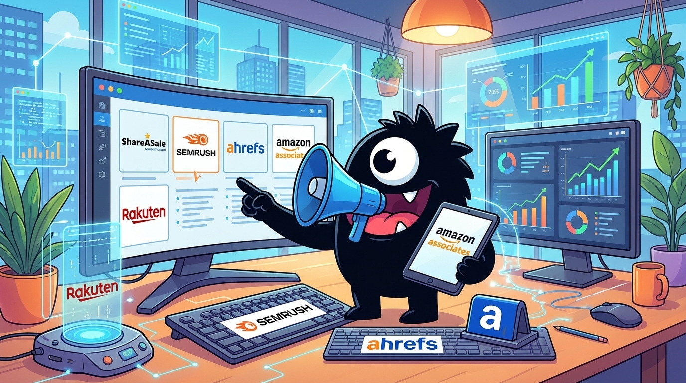 AdTools Monster Mascot reviewing products: ShareASale vs SEMRush vs Ahrefs vs Amazon Associates: affili