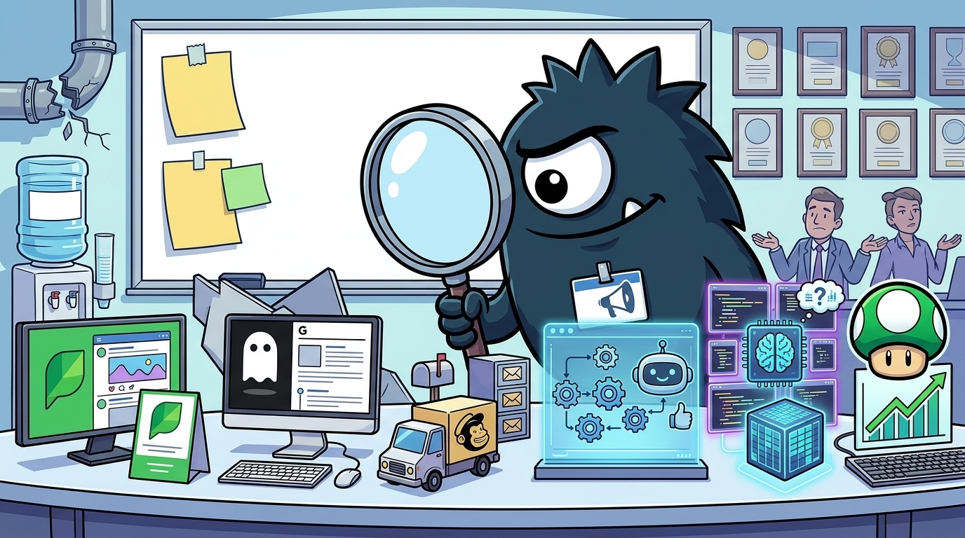 AdTools Monster Mascot reviewing products: Sprout Social vs Ghost vs Mailchimp: Which Is Best for Custo