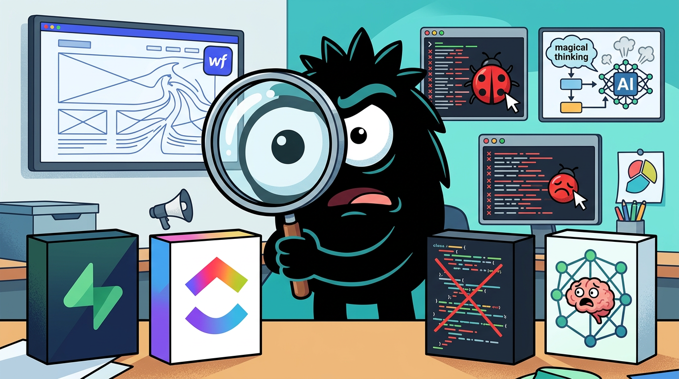 AdTools Monster Mascot reviewing products: Supabase vs ClickUp vs Webflow: Which Is Best for Code Revie