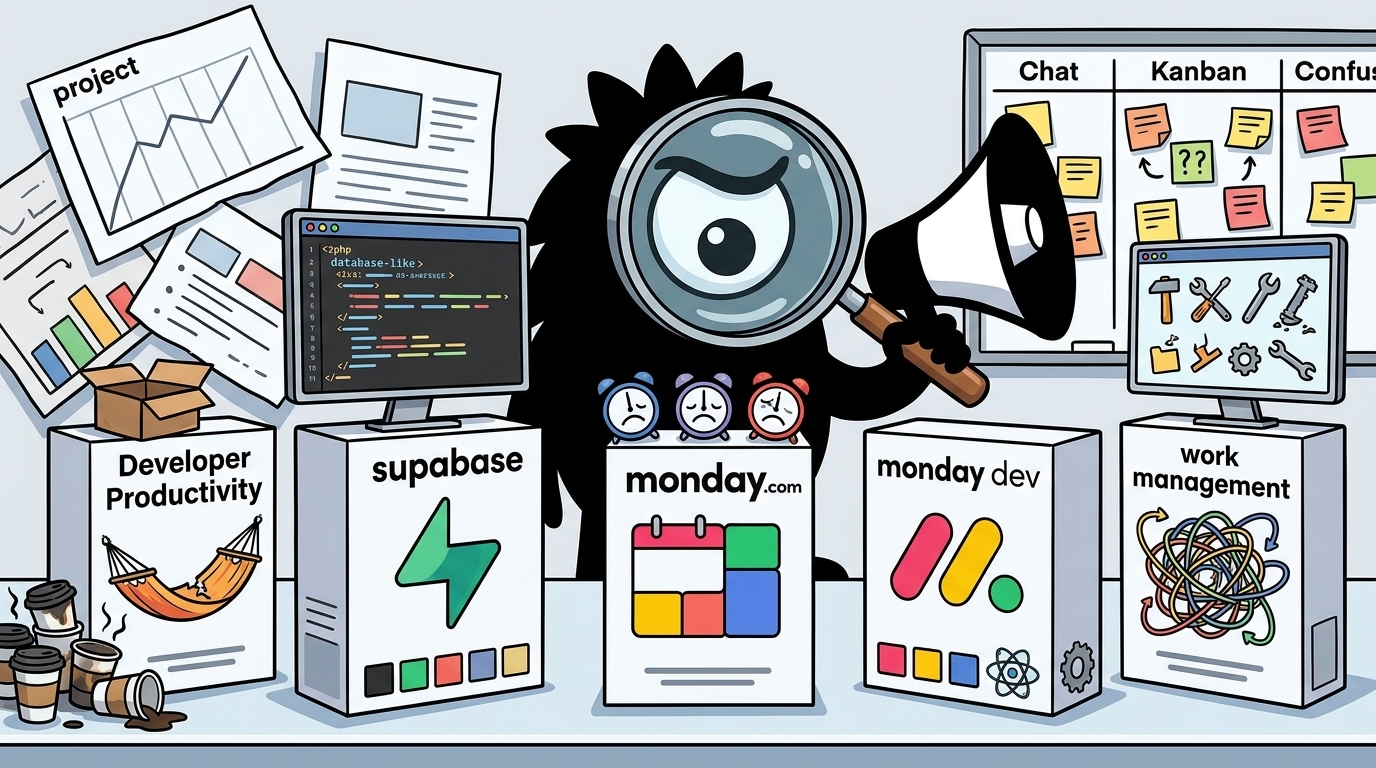 AdTools Monster Mascot reviewing products: Supabase vs Monday.com: Which Is Best for Developer Producti