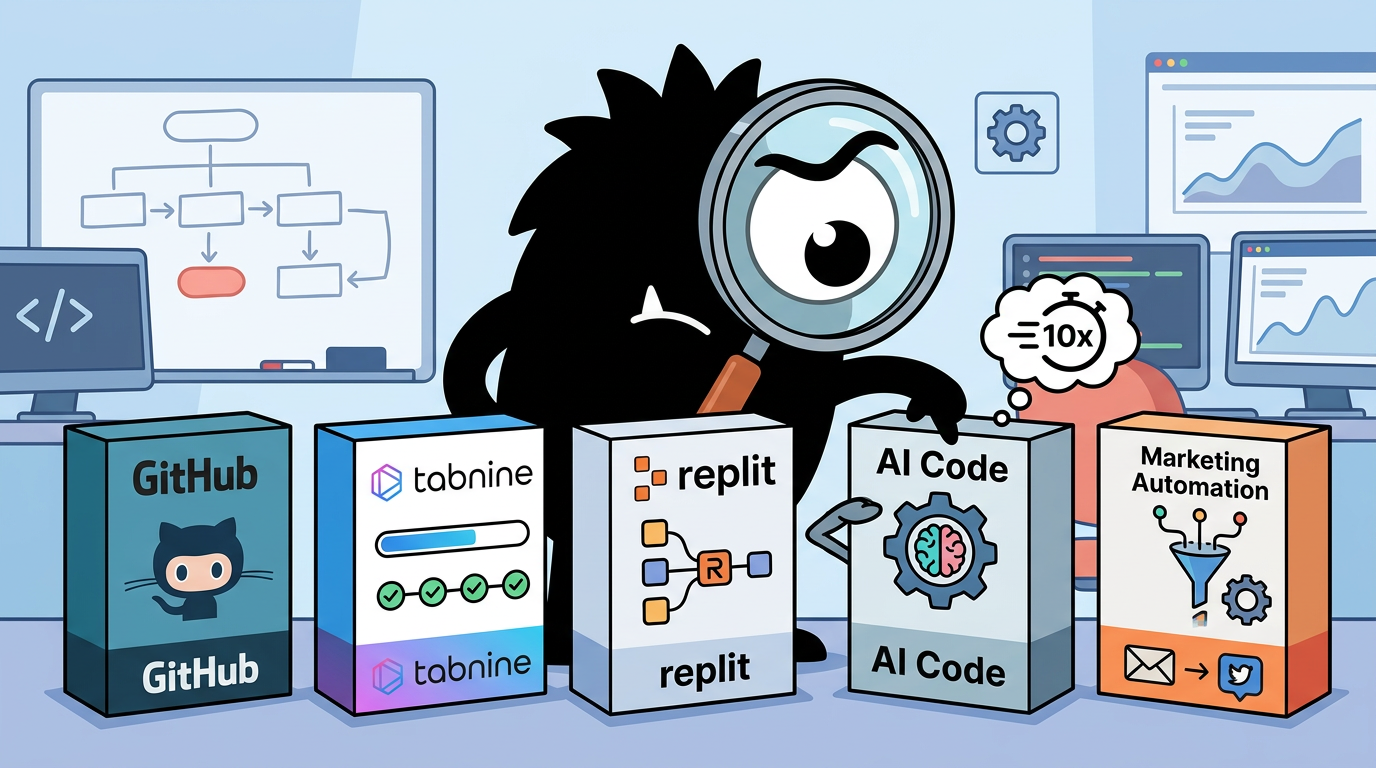 AdTools Monster Mascot reviewing products: Tabnine vs GitHub Copilot vs Replit: Which Is Best for Marke