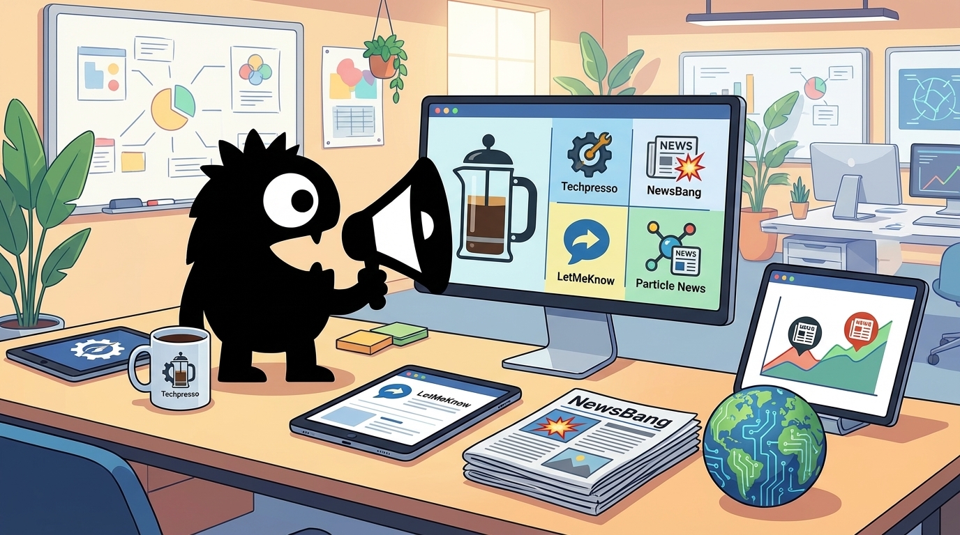 AdTools Monster Mascot reviewing products: Techpresso vs NewsBang vs LetMeKnow vs Particle News: ai-new