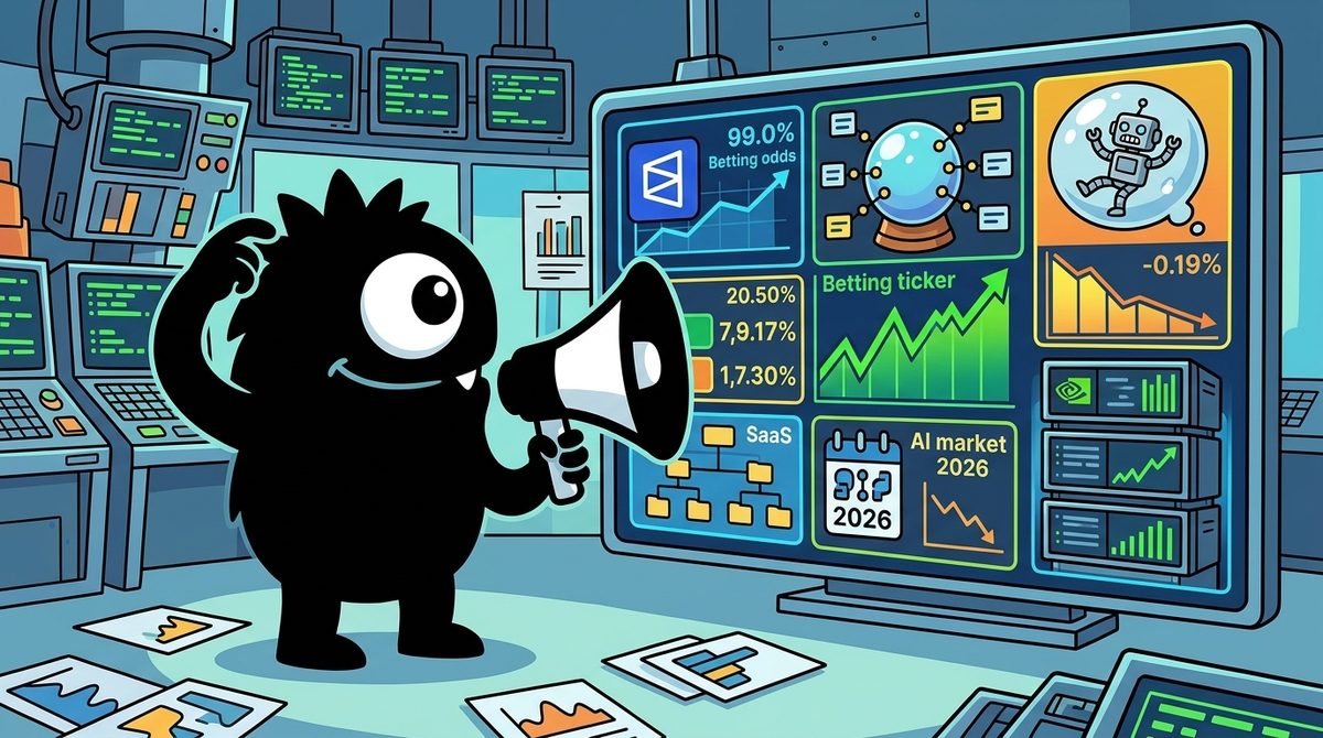 AdTools Monster Mascot reviewing products: The AI Bubble Bet: What Polymarket's 14% Odds Reveal About W
