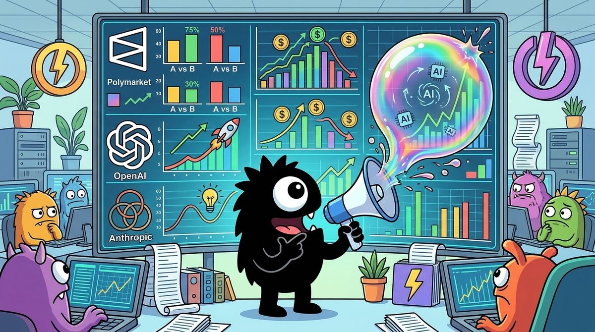 AdTools Monster Mascot reviewing products: The Best AI Bubble Signals in 2026: What Polymarket's Odds R