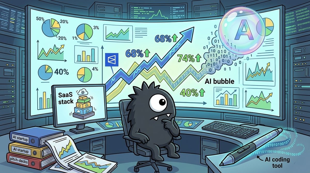 AdTools Monster Mascot reviewing products: The Best Way to Read the AI Bubble in 2026: What Polymarket'