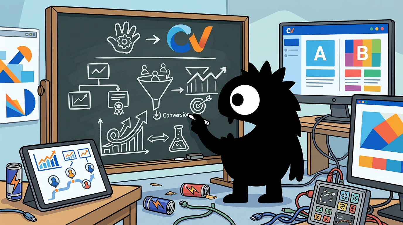 AdTools Monster Mascot reviewing products: The Complete Guide to Using Convert.com: How to A/B Test and