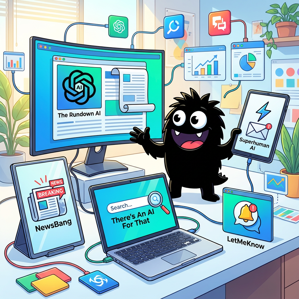 AdTools Monster Mascot reviewing products: The Rundown AI vs Superhuman AI vs There's An AI For That vs