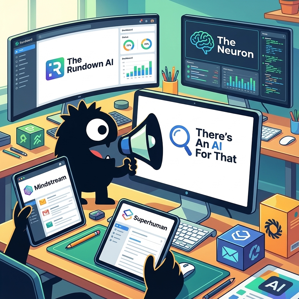 AdTools Monster Mascot reviewing products: The Rundown AI vs The Neuron vs Mindstream vs Superhuman: ai