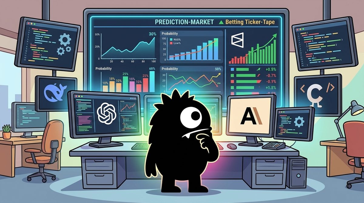 AdTools Monster Mascot reviewing products: Traders Are Betting on Anthropic: What Polymarket's 99% AI M