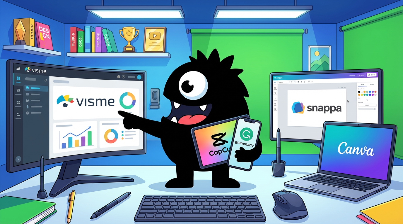 AdTools Monster Mascot reviewing products: Visme vs CapCut vs Snappa vs Canva: Content Creation Tools B
