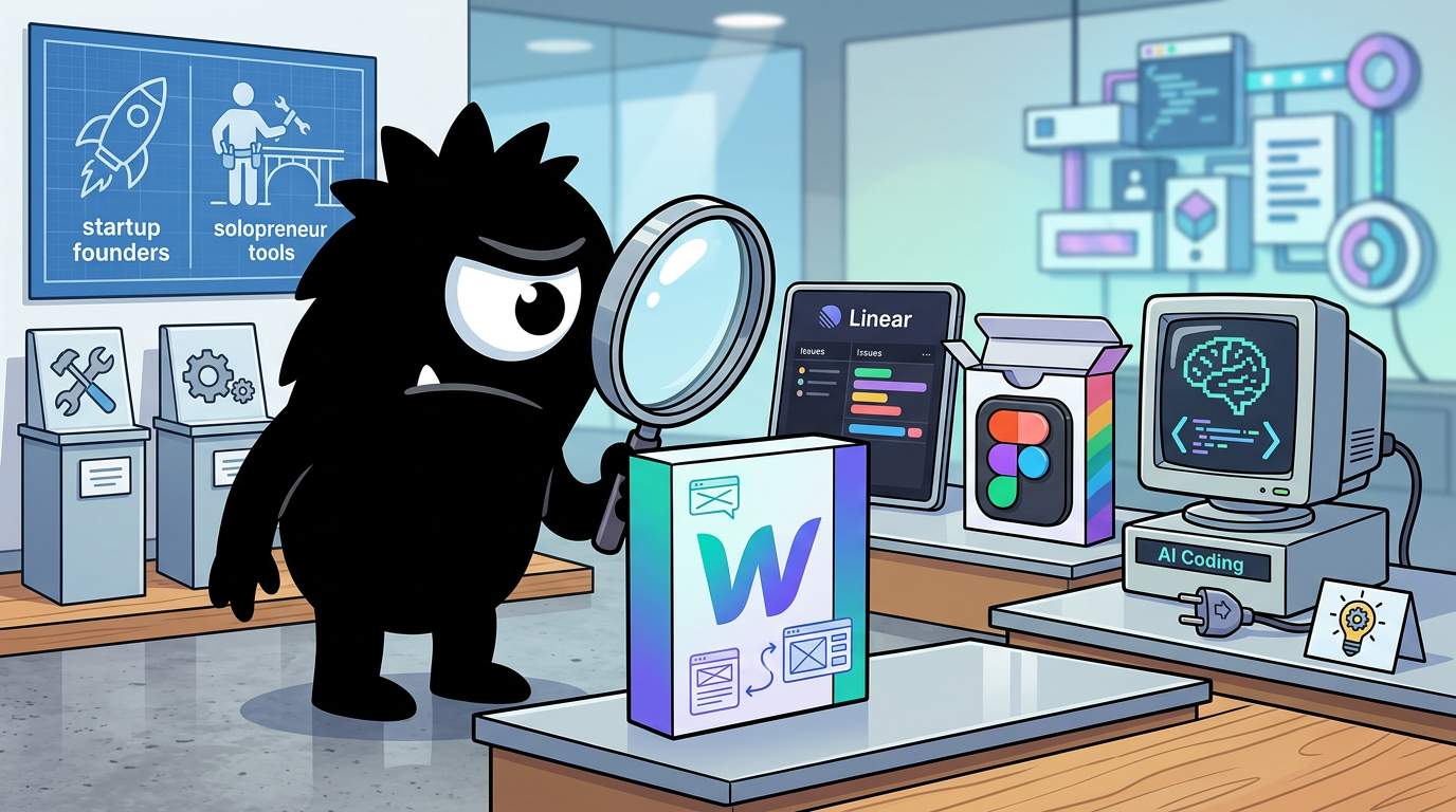 AdTools Monster Mascot reviewing products: Webflow vs Figma vs Linear: Which Is Best for Startup Founde