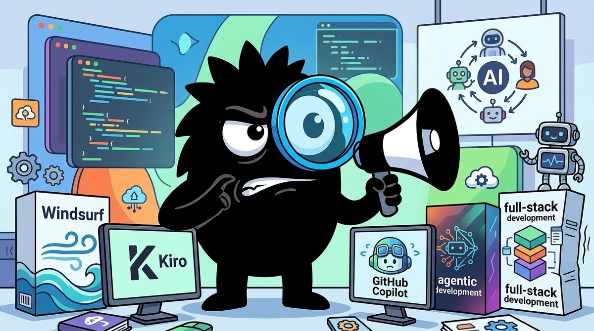 AdTools Monster Mascot reviewing products: Windsurf vs Kiro vs GitHub Copilot: Which Is Best for Full-S