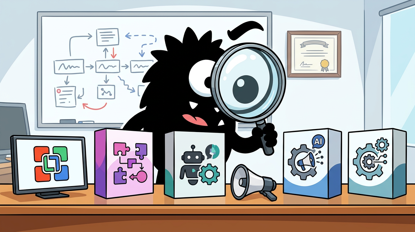 AdTools Monster Mascot reviewing products: Zapier AI vs Make vs Dify: Which Is Best for Marketing Autom